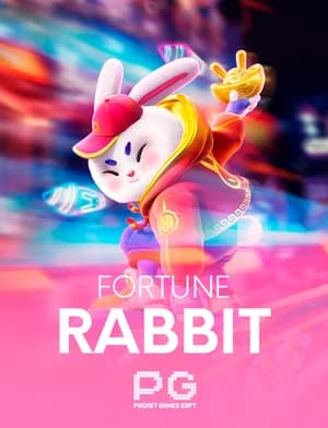 Ilustração do jogo Fortune Rabbit - caça-níqueis com coelho da fortuna e moedas douradas